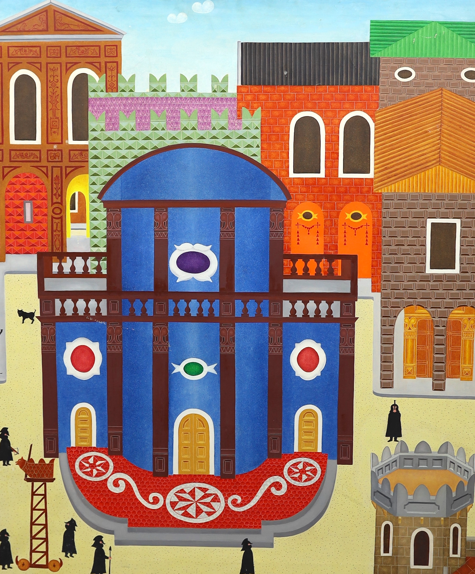 Philip Castle (English, b.1929), acrylic on canvas, 'Guardsman within a fantasy city’, monogrammed verso, 98 x 84cm